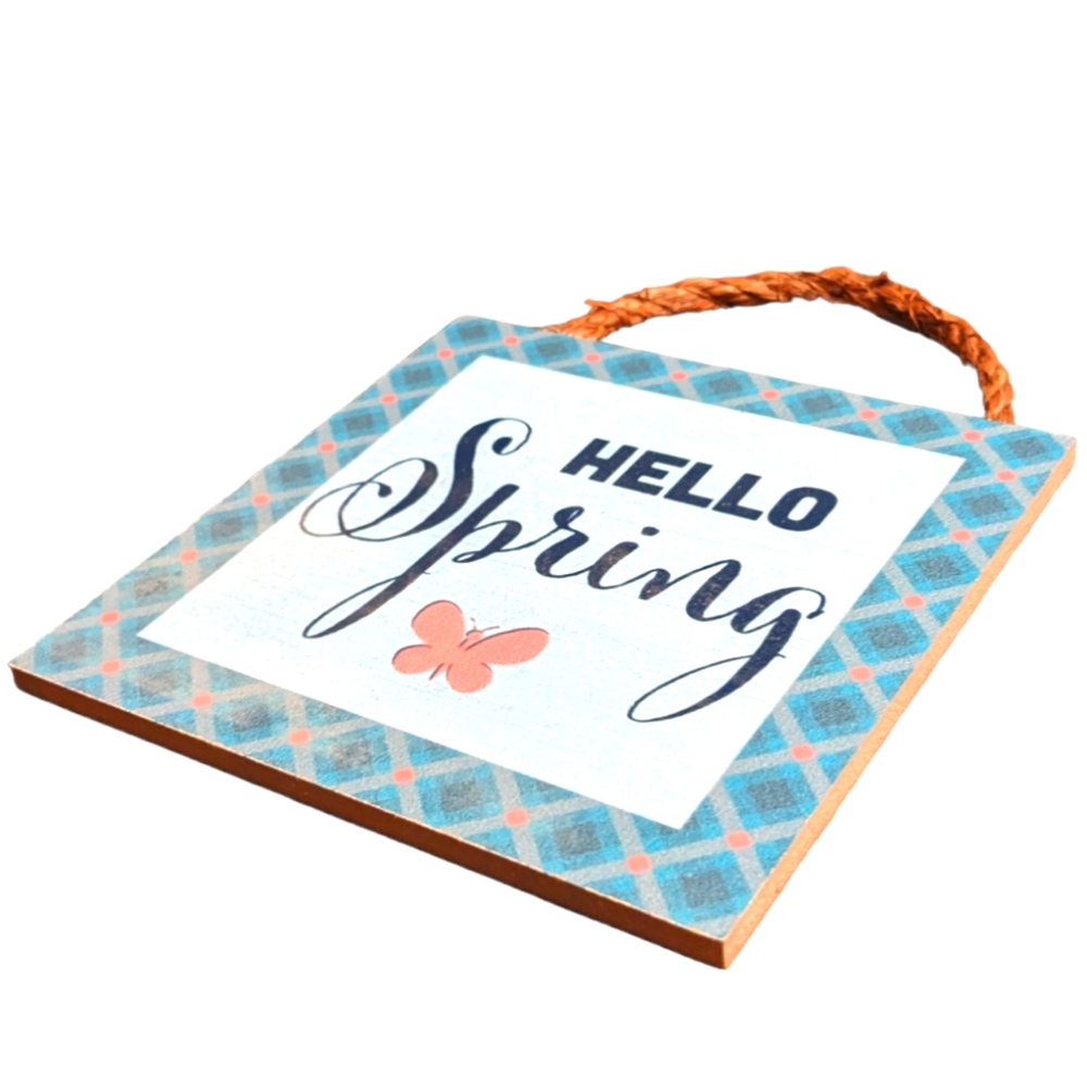 Wincraft Blue Diamond & Pink Butterfly Hello Spring Small Wooden Sign with Rope - Picture 2 of 5